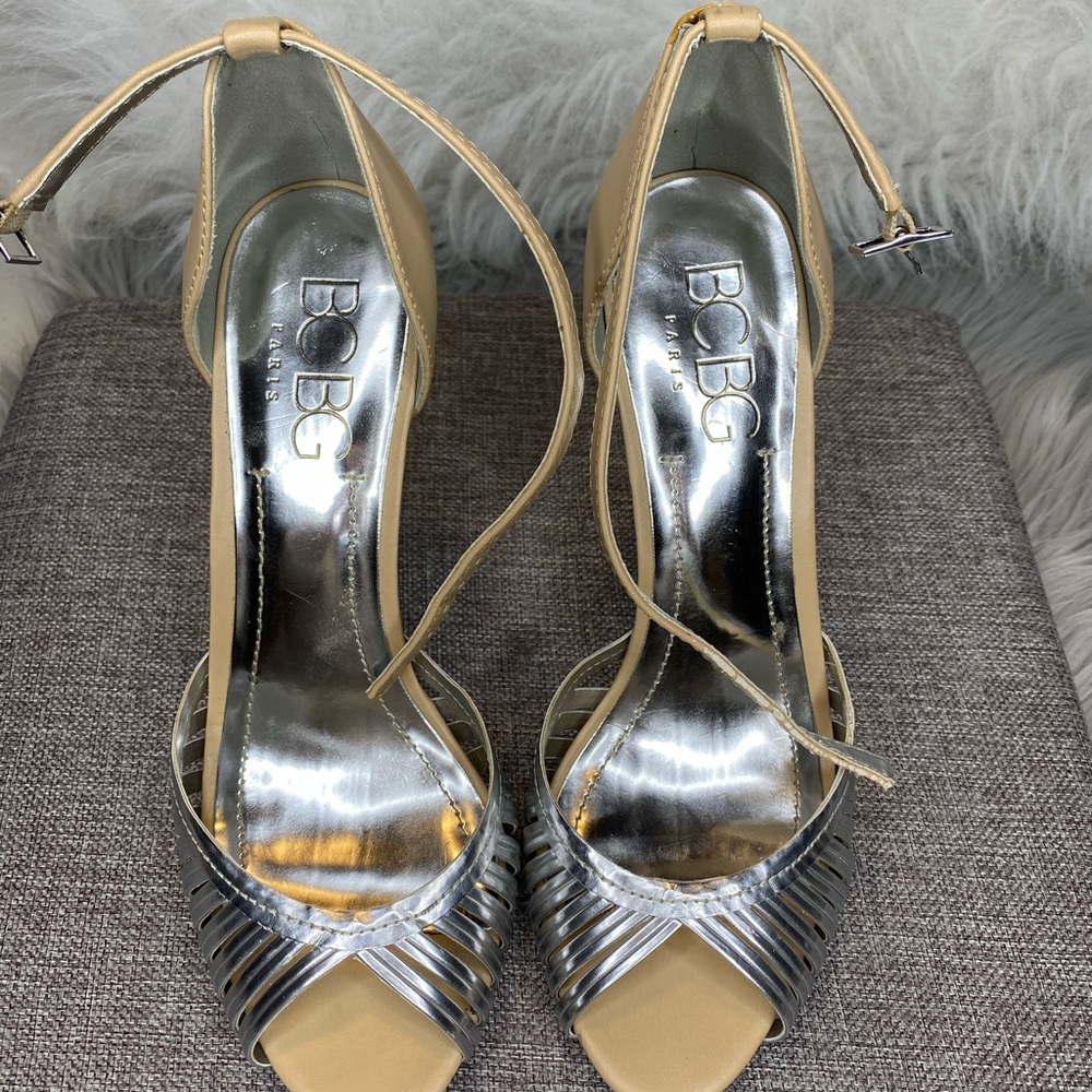BCBG Paris Cream and Silver heels